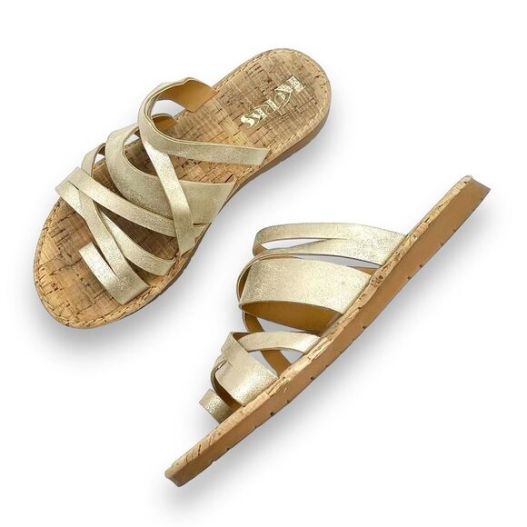 Korks Clemmons Strappy Sandal Faux Leather Comfort Slide in Gold Womens Size 6.5 - Picture 2 of 16